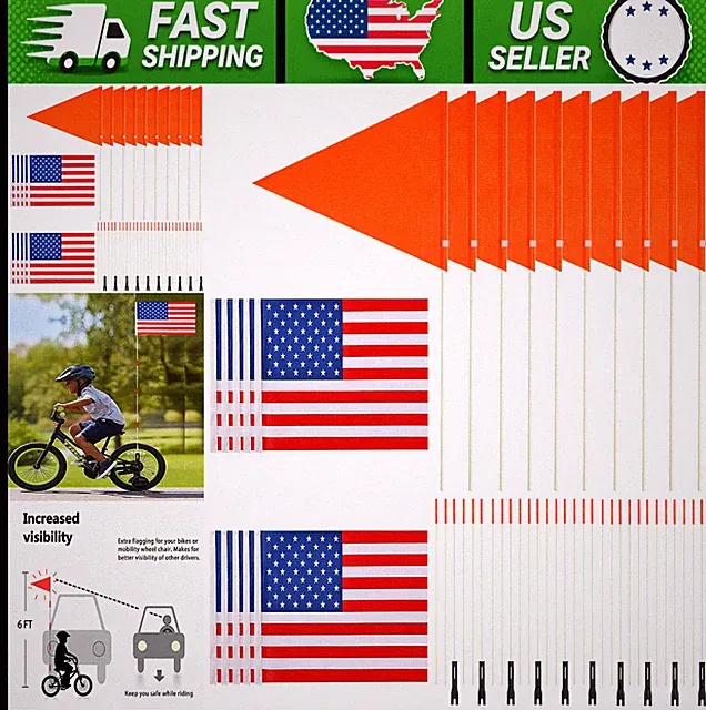 10 Pcs Bike Safety Flags with 6 Ft Fiberglass Pole Orange and American Flag