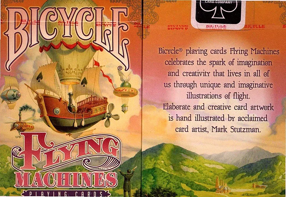 Bicycle Red Pink Orange Flying Machine Playing Cards Deck Illustration in Flight