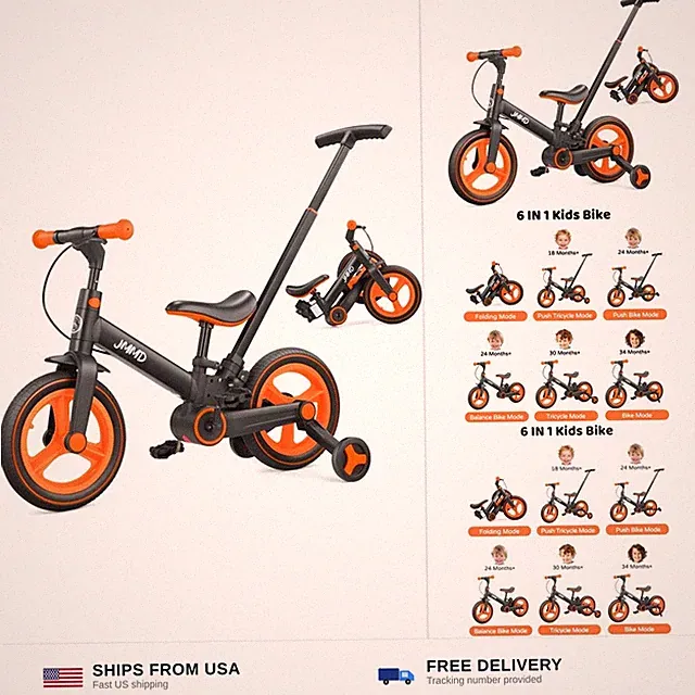JMMD 6 in 1 Toddler Bike with Push Handle for Kids 18-60 Months, 12" Foldable...